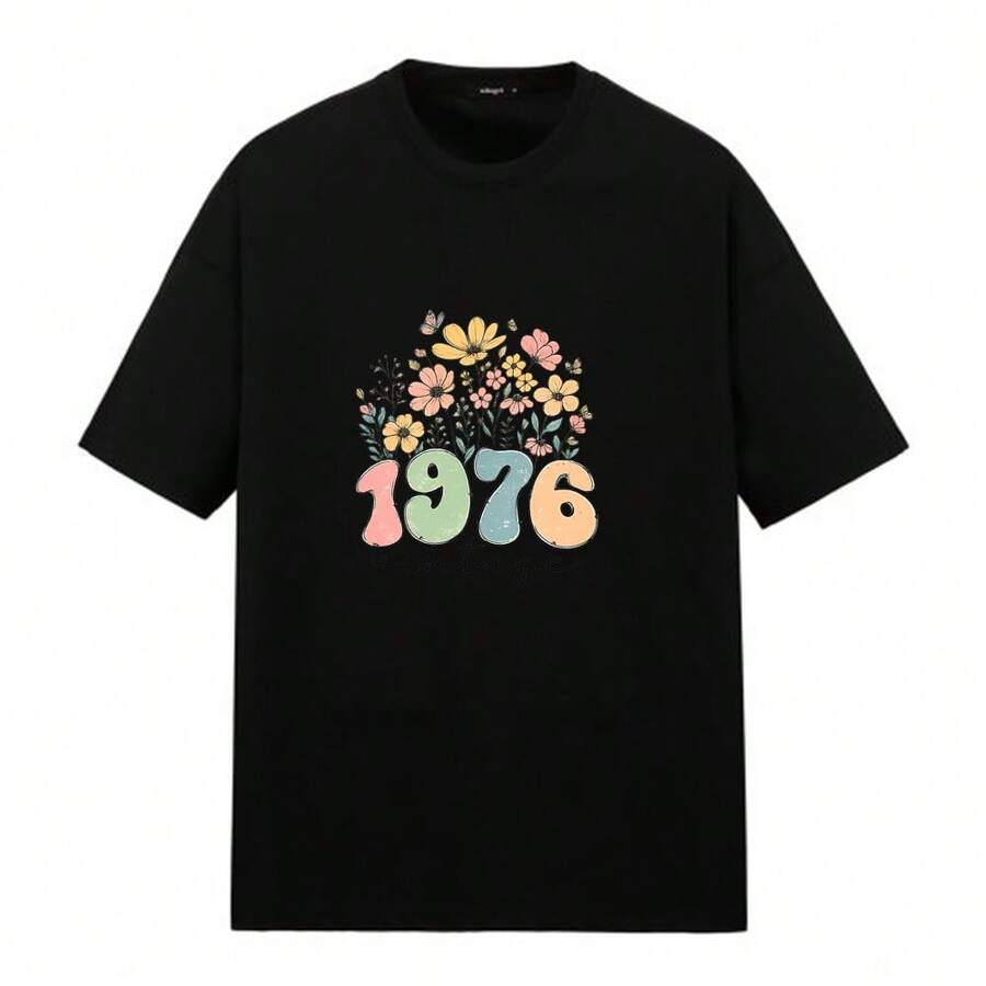 Short-Sleeved T-Shirt With Floral And Butterfly Print, Ideal For Wearing At Home, On The Street, In The Park, At The Cafe, On The Beach, At A Meeting, Regular Fit, Casual Style, Comfortable And Breathable. - 黑色 - 查看 1