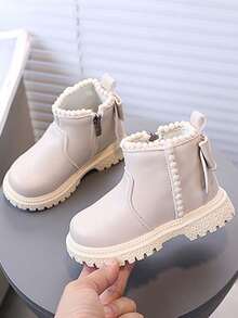 1雙中性兒童毛球飾邊側拉鍊短靴，秋冬新款軟底防滑百搭幼童靴 - 米色 - 查看 1