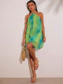 Women's Casual Mini Dress With Spaghetti Straps, Open Back, Ruffles, And An Asymmetrical Hem In A Green Ombré Effect. Perfect For Beach Vacations, Spending Time With Sisters, Or Everyday Wear. A Stylish Green Ombré Mini Dress. - 深灰色 - 查看 4