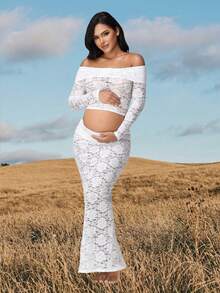 JustVH 2 piezas Conjunto de top con hombros descubiertos de encaje y falda transparente con abertura, adecuado para fotografía de maternidad, baby shower, fiesta - Blanco - Ver 8