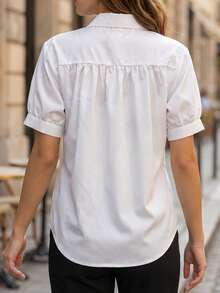 Women's White Short Puff Sleeve Blouse With Shirt Collar Button Up Front, Elegant Regular Length Non-Stretch Polyester Top - White - View 7