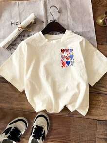DrmWander Women's Spring Vacation Resort Wear, White Spring T-Shirt With Pink Heart Print, Vintage Urban Style, Unisex, Cotton, Short Sleeve, Round Neck, Blouses For Women. Casual Blouses For Ladies. - 杏色 - 查看 2