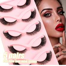 5Pairs Fox Eye Outer Corner Elongated Strip False Eyelashes, Wispy Fluffy Faux Mink Lash Extensions, Thin Soft Band For Comfort All-Day Wear & Lifted Eye Contour Effect, For Daily Makeup, Party & Photo Shooting Styling, Eye Makeup Accessory - Black - View 1