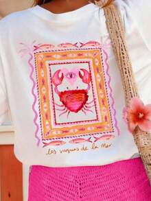 Women's Casual Short-Sleeved T-Shirt With A Round Neck And A Crab And Ocean Fish Motif. Versatile All-Season Top Made Of Soft, Comfortable, And Stretchy Fabric. White T-Shirt. - 白色 - 查看 4