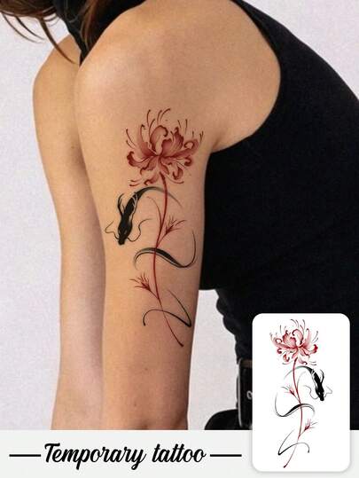 1 Tattoo Sticker - Ink Style, Red Paeonia Suffruticosa, Black Koi Fish. Traditional Chinese Style, Simple Vertical Pattern. Temporary Tattoo Sticker. Washable PVC. Waterproof And Sweat-Proof. Handprint, Arm, Waist, Abdomen, Back, Leg. Non-Reflective. Simulation Tattoo Design. Suitable For Travel, Music Festival, Games, Graduation Gifts. Daily Use. For 3-5 Days.