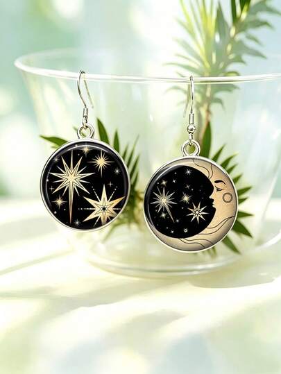 Asymmetrical Moon And Star Pendant Earrings - Hypoallergenic Silver Bohemian-Style Witch Tarot Card Earrings, Vintage Astrological Print Earrings, A Mysterious Declaration Jewelry Gift For Astrology Enthusiasts