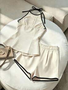 Conjunto casual diario de top con bloqueo de color y lazo en el cuello, y shorts para mujer - Albaricoque - Ver 2