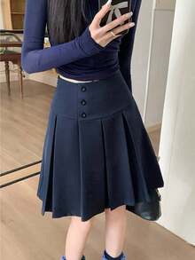 Rok Lipit Model A-Line dengan Kancing Tunggal, Pinggang Tinggi, Gaya Elegan untuk Musim Semi & Gugur - Biru laut - View 2