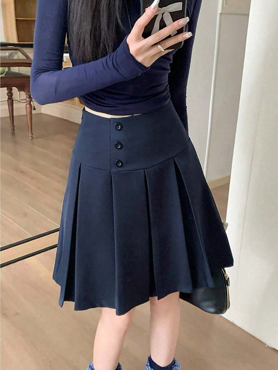 Rok Lipit Model A-Line dengan Kancing Tunggal, Pinggang Tinggi, Gaya Elegan untuk Musim Semi & Gugur