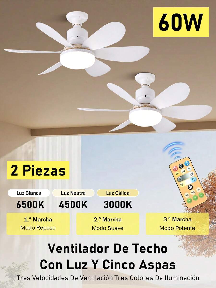 Ceiling Fan With Light And Remote Control, 60W Dimmable LED Ceiling Fan With E27 Socket, Ceiling Fan For Bedroom, Living Room, 6 Blades, 3 Speeds, Timer - 2 PIECES - View 1