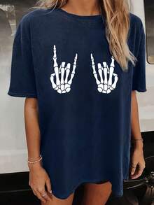 Camiseta de cuello redondo con estampado de calaveras, camiseta de verano de moda, holgada y de manga corta, ropa de mujer. - Burdeos - Ver 5