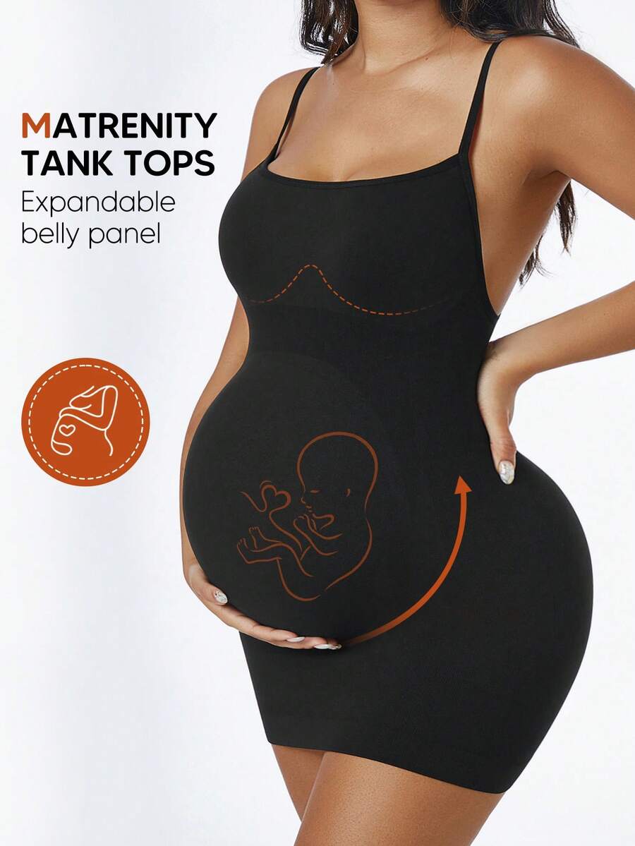 Black Seamless Maternity Camisole, Abdominal Support Style, Suitable For Summer Casual Wear - Black - View 1