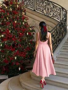 Elegante vestido romántico francés con espalda descubierta, cintura ceñida y diseño calado, color borgoña, adecuado para Navidad, fiestas de vacaciones y citas de verano - Rosa - Ver 4