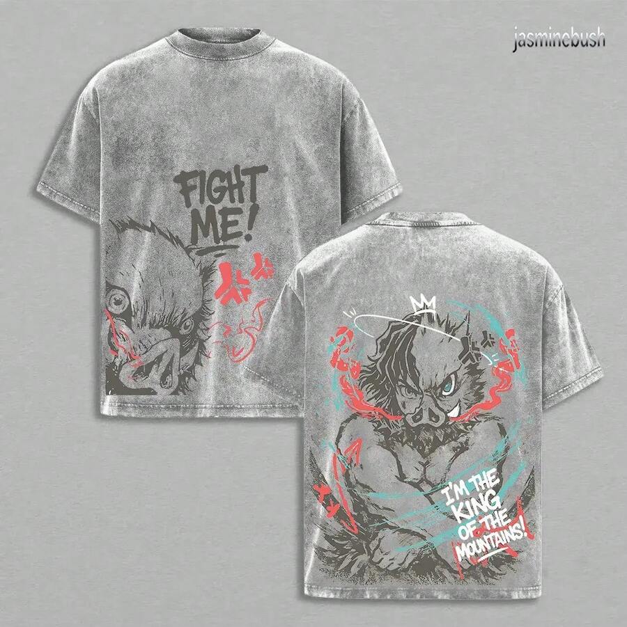 Hashibira Men's Graphic Tees I Am The King Of The Mountain, Acid Washed Cotton Castle Design T-Shirt, Soft Casual Sleeve Style Clothing, Gift For Fans. - 灰色 - 查看 1