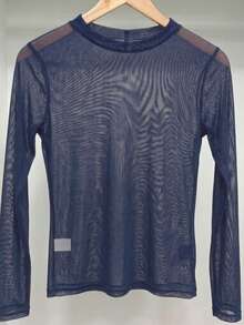 Long-Sleeved Tulle Blouse In Pastel Candy Colors, Spring Color Block. - Navy Blue - View 4
