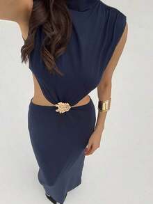 xheAloruh Vestido de mujer con diseño floral calado y diseño de cintura sexyxhe - Azul - Ver 4