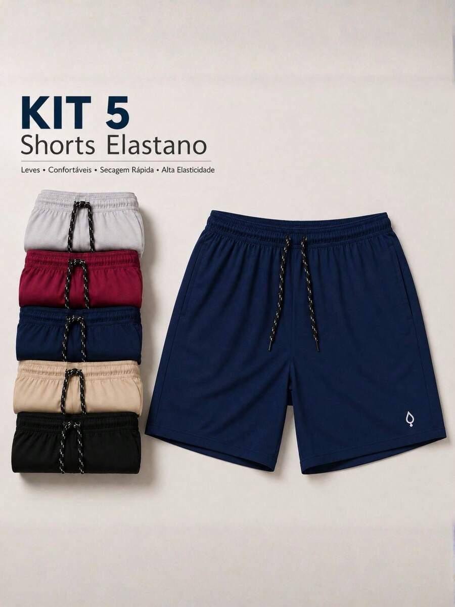 KIT OF 5 Men's Shorts In Tactel Elastane Resin, Casual, Comfortable With Pockets - 酒紅色/米色/灰色/海軍藍/黑色 - 查看 1
