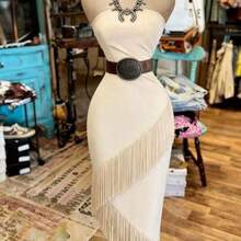 . . NostaNoir Vestido de mujer de moda con unicolor, volante asimétrico en el bajo y sin tirantes (cinturón no incluido) - Albaricoque - Ver 1