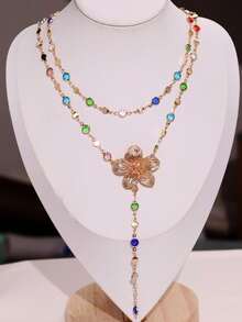 1 Two-Piece Set Of Double-Layer Y-Shaped Necklaces With Colorful Natural Stones In A Bohemian Style, A Versatile Accessory For Everyday Wear And Beach Vacations, With Color Combinations - Multicolor - View 3