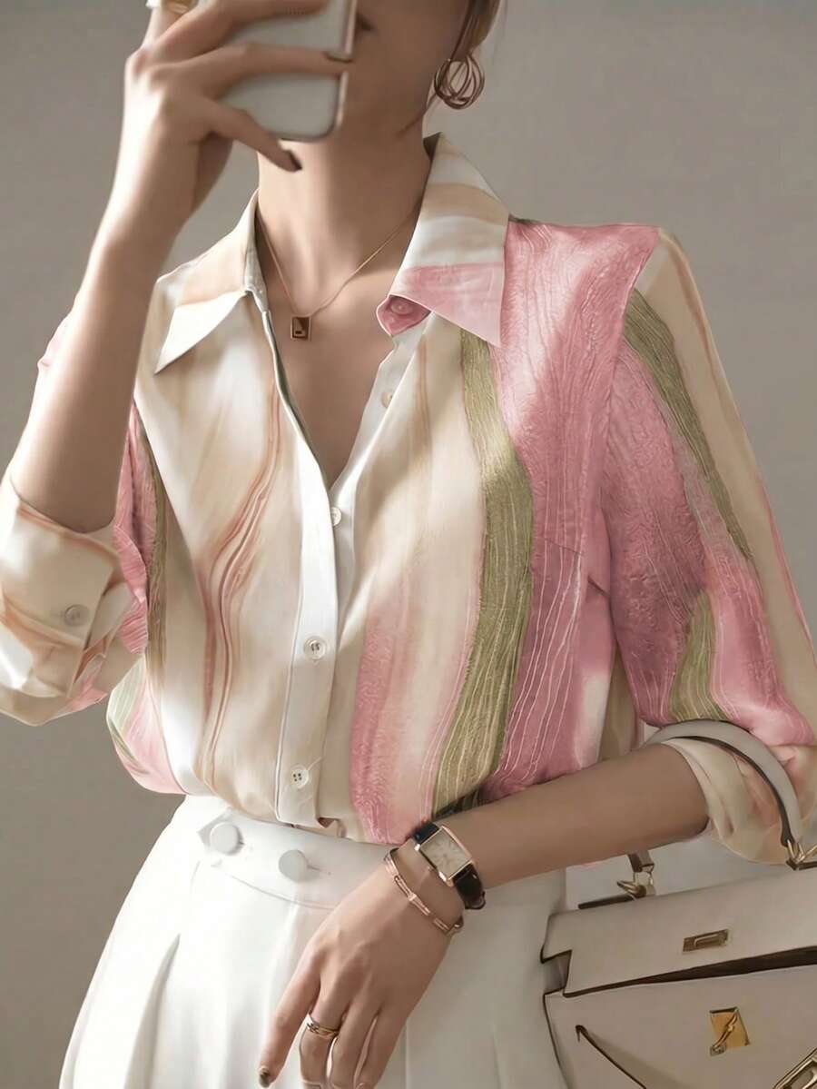 女款印花寬鬆版型鈕扣襯衫,百搭優雅上衣,適合辦公室、度假,適用於春、夏、秋季,粉紅色 - 粉色 - 查看 1