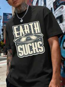 Men's Black T-Shirt With UFO Graphic Print, Modern And Casual, Made Of Soft Cotton, Round Neck, Loose Fit, Comfortable, Unique Graphic Print, New Arrival. - 黑色 - 查看 1