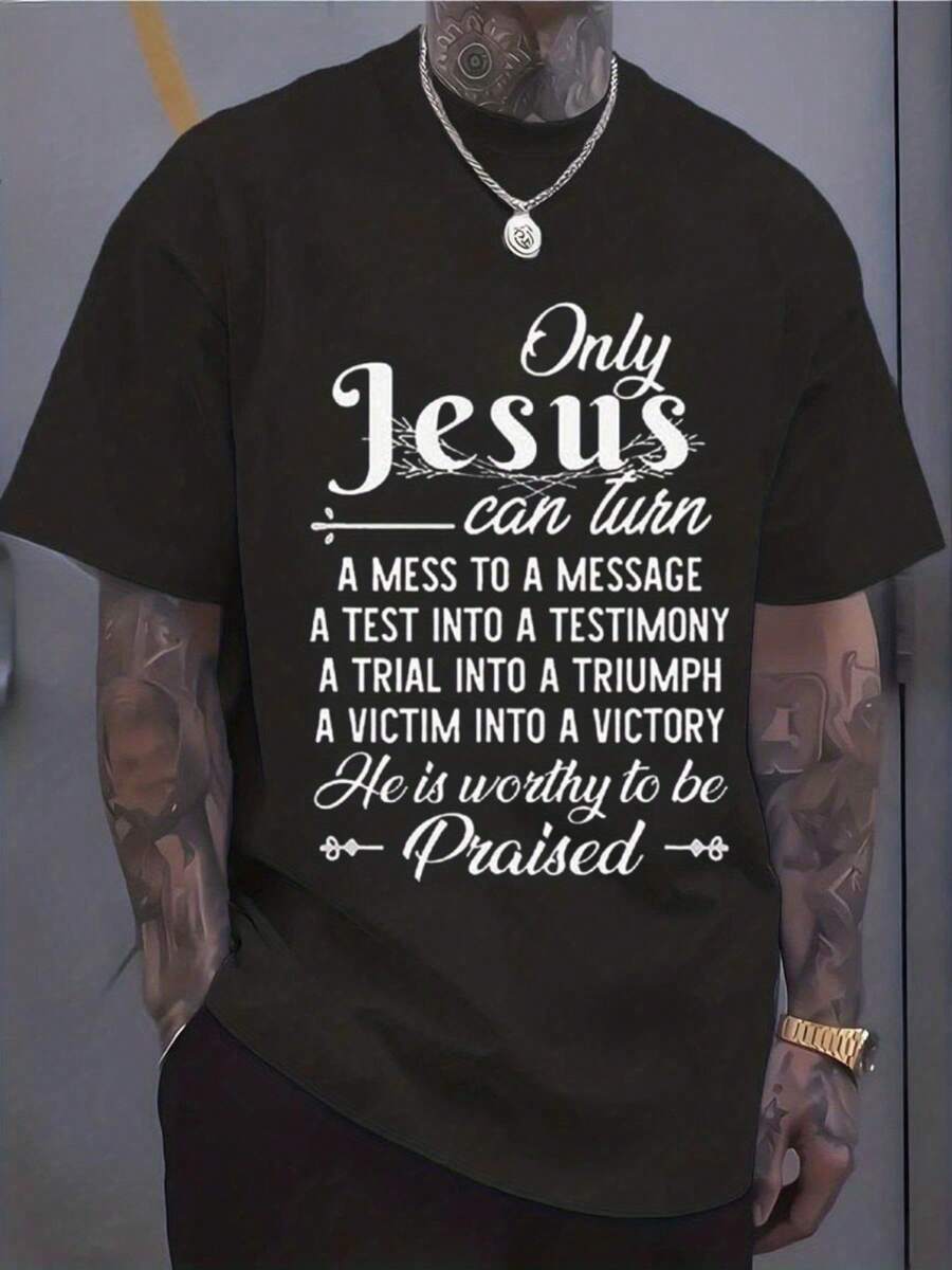 Camiseta de fe cristiana para hombre, talla grande y alta, 100% algodón, de corte holgado, adecuada para uso en la iglesia, transpirable, con estampado de versículos religiosos de verano, atuendo informal para el trabajo diario, regalo de talla grande para eventos religiosos, uso diario, ropa cristiana, TALLA GRANDE. - Negro - Ver 1