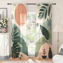 2pcs Tropical Leaf Pattern Semi-Blackout Curtains, No Drill Rod Pocket Design, Casual Style For Living Room, Kitchen, Home Decor, Polyester Fabric, Machine/Hand Washable - Multicolor - View 1