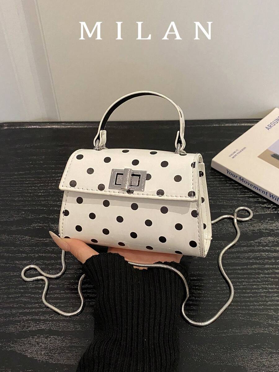 Bolso de mano/embrague de piel de imitación con tapa abatible de unicolor con estampado de lunares de moda - Blanco - Ver 1