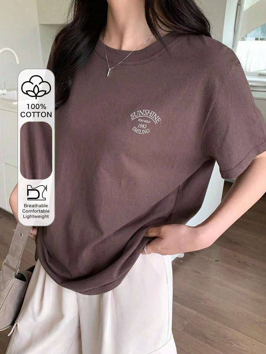 Camiseta De Manga Corta Con Estampado De Letras - Café integral - Ver 1