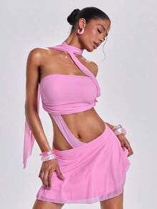 ROMWE Y2K Vestido mini romántico de vacaciones para señorita, de gasa rosa con volantes en el cuello y diseño calado - Rosa - Ver 12