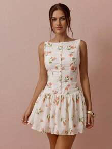 Vestido mini elegante de mujer sin mangas con estampado de flores y bordado - Blanco - Ver 11
