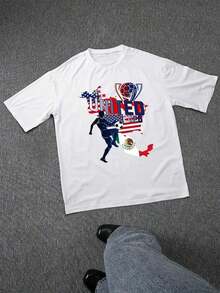 100% Cotton Printed T-Shirt. The Print Shows The Unity Between Countries Represented By A Football Player Connecting The Flags And Celebrating The Global Sporting Spirit. Men's World Cup T-Shirt. Ideal For Everyday Wear. - 白色 - 查看 3