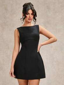 Vestido negro elegante y sencillo sin mangas, ajustado, con espalda descubierta, lazo en el bajo y silueta evasé, vestido negro, vestido para cita de San Valentín, vestido de dama de honor, pequeño vestido negro chic - Negro - Ver 3