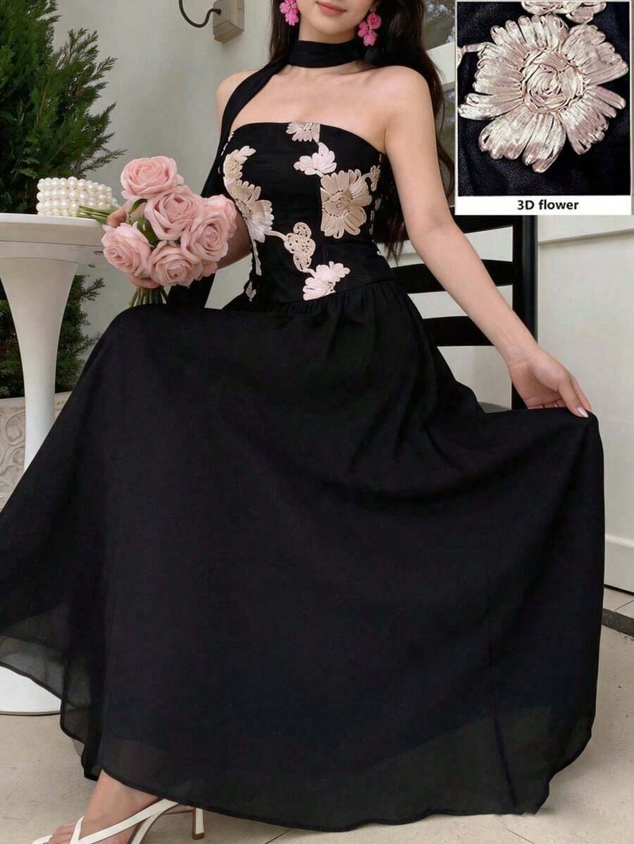 Vestido negro con escote sin tirantes y lazo, con bordado floral elegante de gasa - Negro - Ver 1