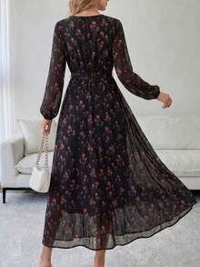 Medorina Vestido casual de mujer con estampado floral y mangas farol para vacaciones - Negro - Ver 2