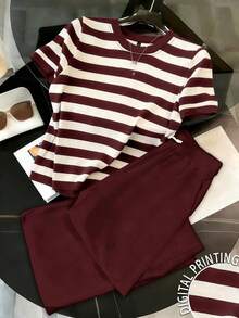 2 Piece Women's Casual Striped T-Shirt And Pants Set - 多色 4 - 查看 1