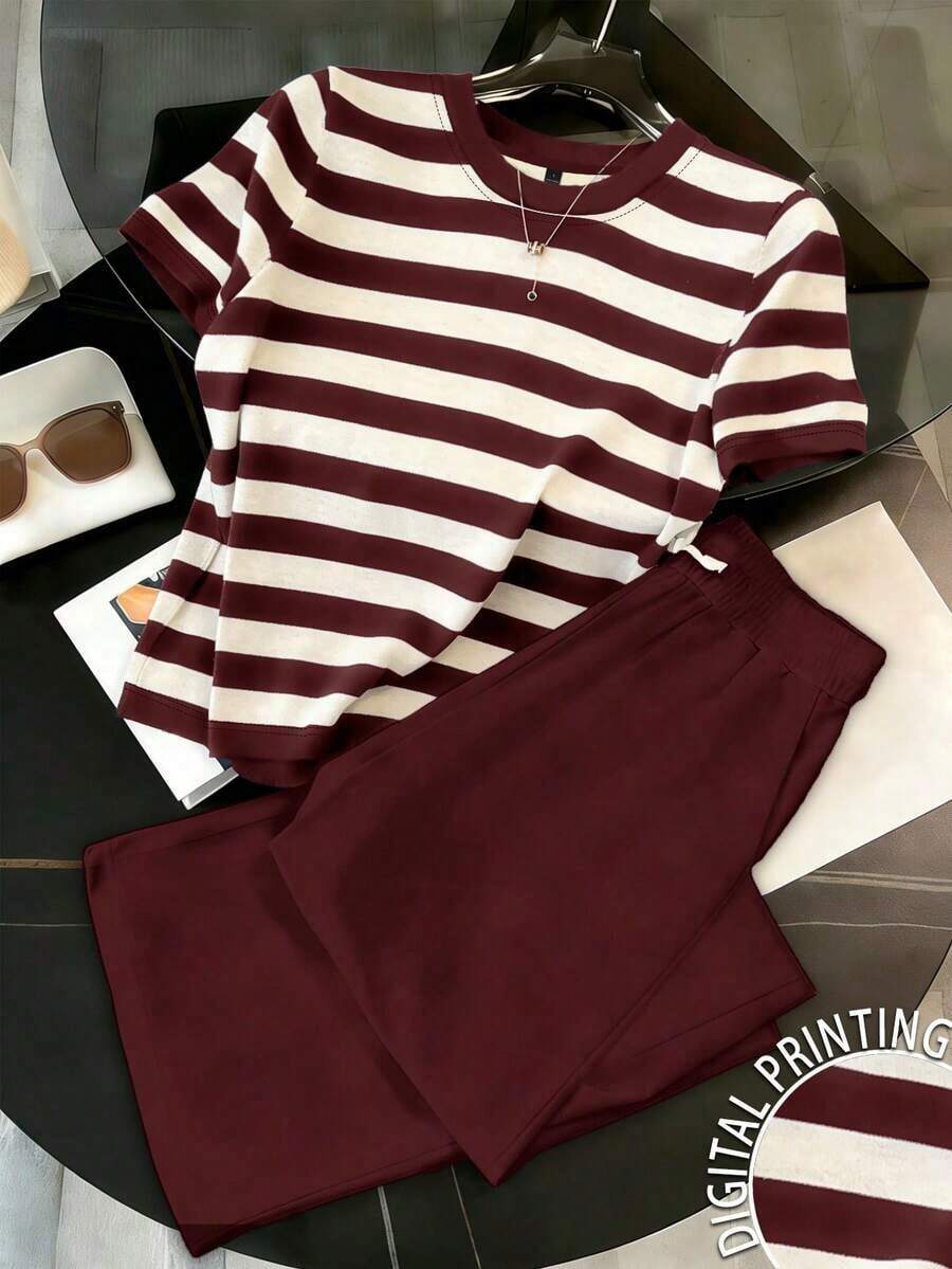 2 Piece Women's Casual Striped T-Shirt And Pants Set - 多色 4 - 查看 1