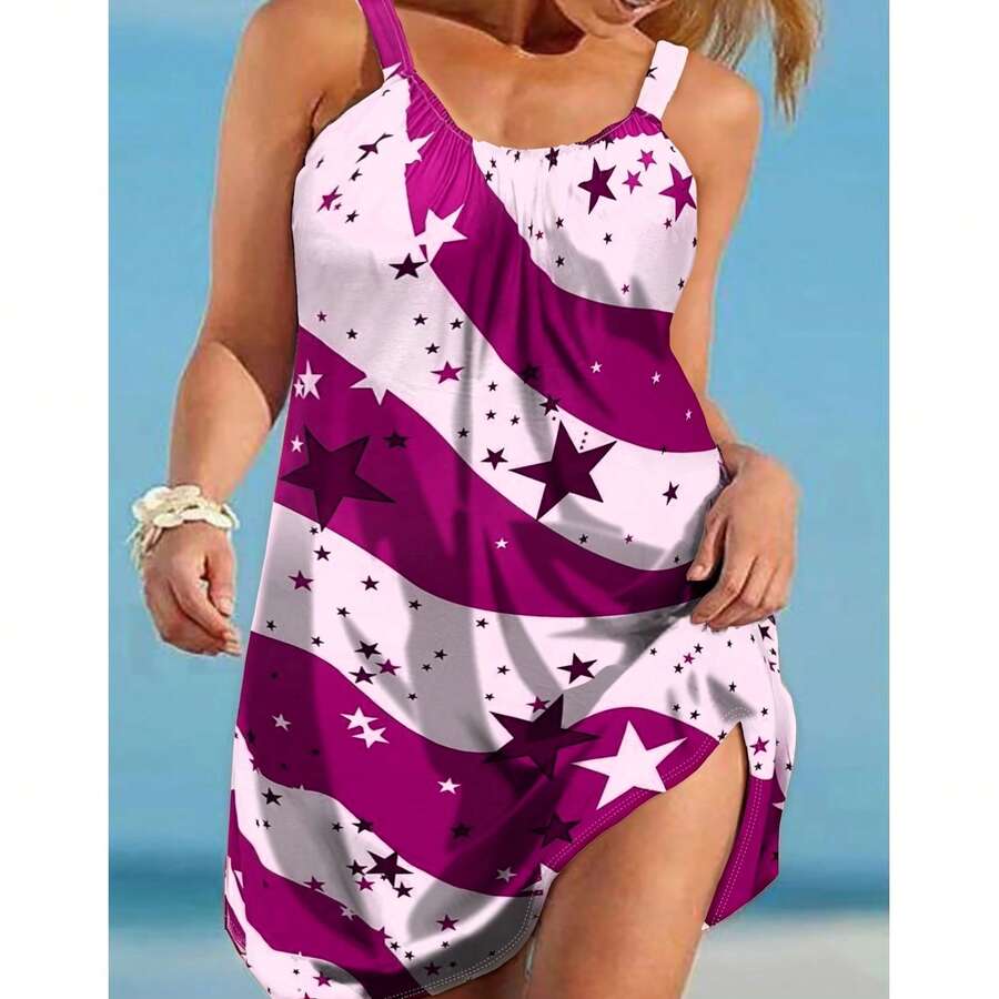 Plus Size Women Independence Day Flag Print Sleeveless Dress, Summer Elegant Party - Purple - View 1