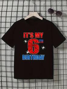 Camiseta Casual de Cuello Redondo para Niños de Verano, Camiseta de Moda para Adolescentes, Poliéster, Tejido de Punto, Corte Regular para Primavera/Verano, Camiseta con Patrón Geométrico - Negro - Ver 12