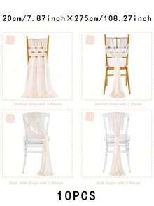 10pcs Elegant Champagne Chiffon Chair Back Sash Set, Hallway Wedding Chair Back Decor, Church Chiffon Banquet Ceremony Reception Chair Set, Photography Props, Birthday Party Home Decor - Champagne - View 9