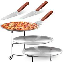 Three Tier Metal Pizza Rack Stand Set With Stainless Steel Serving Pans And Wood Handle Peels Tabletop Pizza Pan Riser Display Stand For Restaurant Party Kitchen Black 7 Piece Set - Gold - View 7