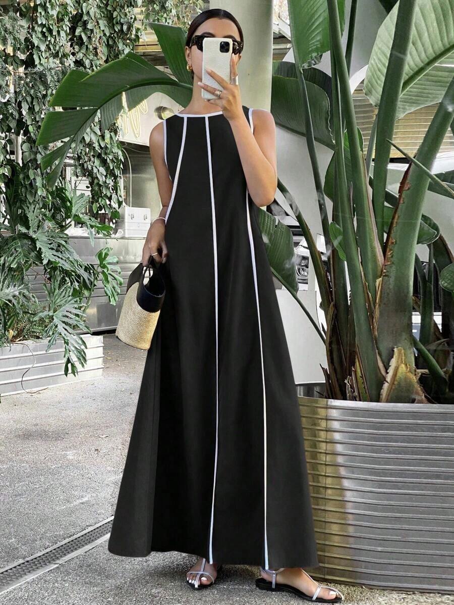 Vestido largo suelto sin mangas de unicolor para mujer, vestidos extra largos con paneles de colores contrastantes - Negro - Ver 1