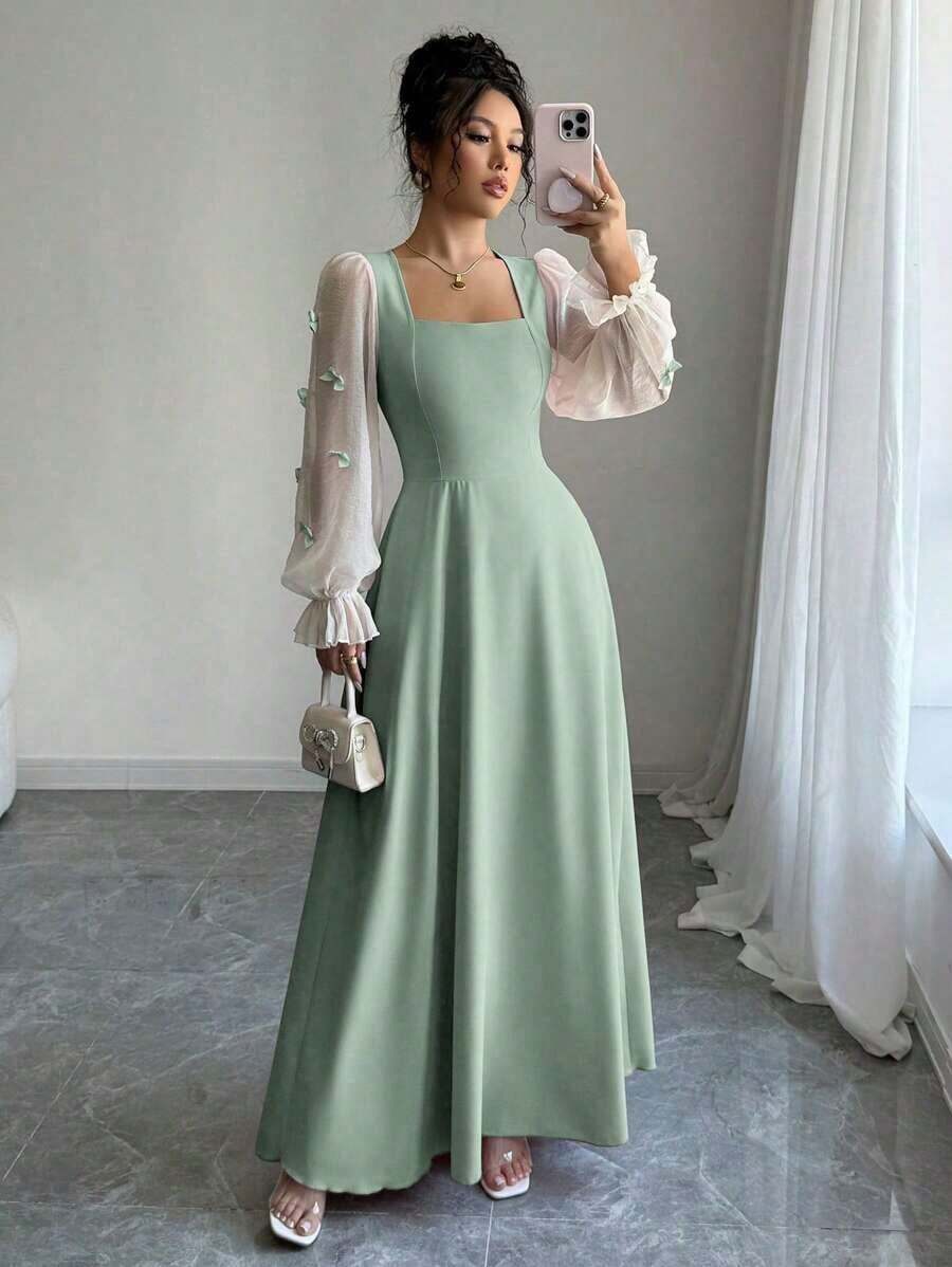 Vestido de mujer con parches tejidos, decoración de lazo y cintura ceñida - Verde - Ver 1