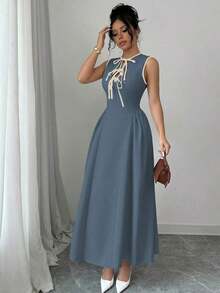 Nuevo vestido de mujer con cuello calado, bloqueo de color, cintura anudada, pliegues laterales, sin mangas, textura plisada, cremallera en la espalda, de moda, juvenil, elegante, versátil, que estiliza la cintura, apto para primavera/verano/otoño/invierno - Azul lavado medio - Ver 7