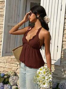 Top de tirantes con cuello halter y volantes de unicolor para mujer - Marrón - Ver 8