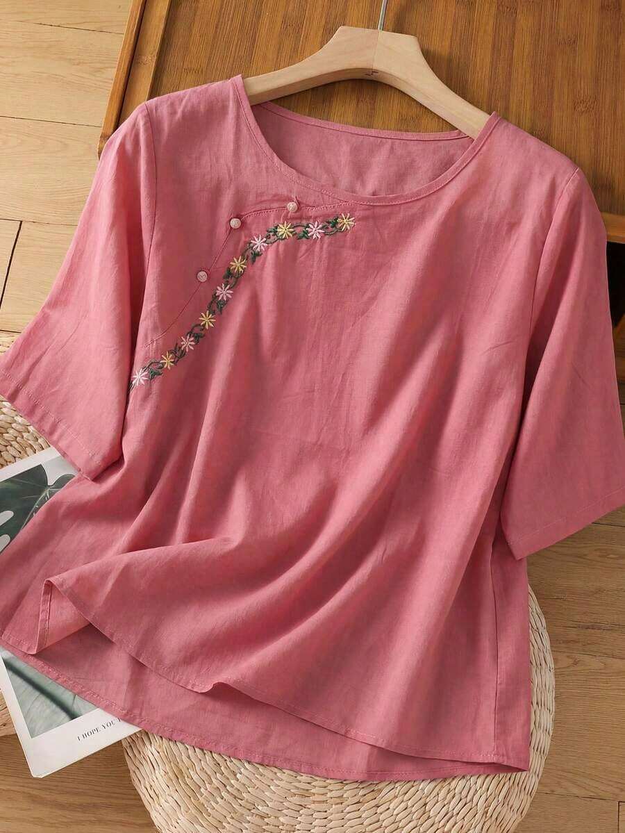 Blusa suelta y elegante bordada, adecuada para fiestas de jardinería, reuniones de té de la tarde y eventos de verano - Morado - Ver 1