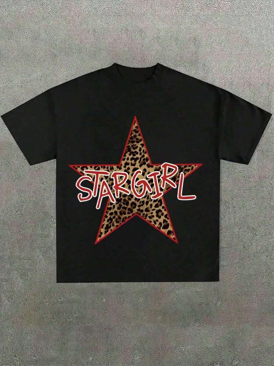 Camiseta Negra Clásica de Cuello Redondo para Hombre, Diseño Gráfico Leopard Star STARGIRL, 100% Algodón, 220g, Corte Clásico, Casual de Verano - Negro - Ver 1
