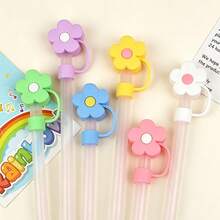 Cartoon Cute Flower Straw Cap (2 Straw Caps + 2 Chains), 10mm Diameter Water Cup Decoration Dust Plug, Silicone Straw Plug, Butterfly Accessory Flower Pendant - Multicolor - View 3