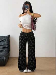 Pantalones de cintura alta sólidos con pierna recta y acampanada - Negro 2 - Ver 4