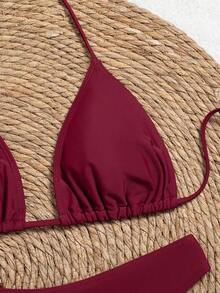 Swim Conjunto de bikini de unicolor con parte superior y falda de cobertura, con escote halter y lazos, para mujer en verano - Rojo - Ver 6
